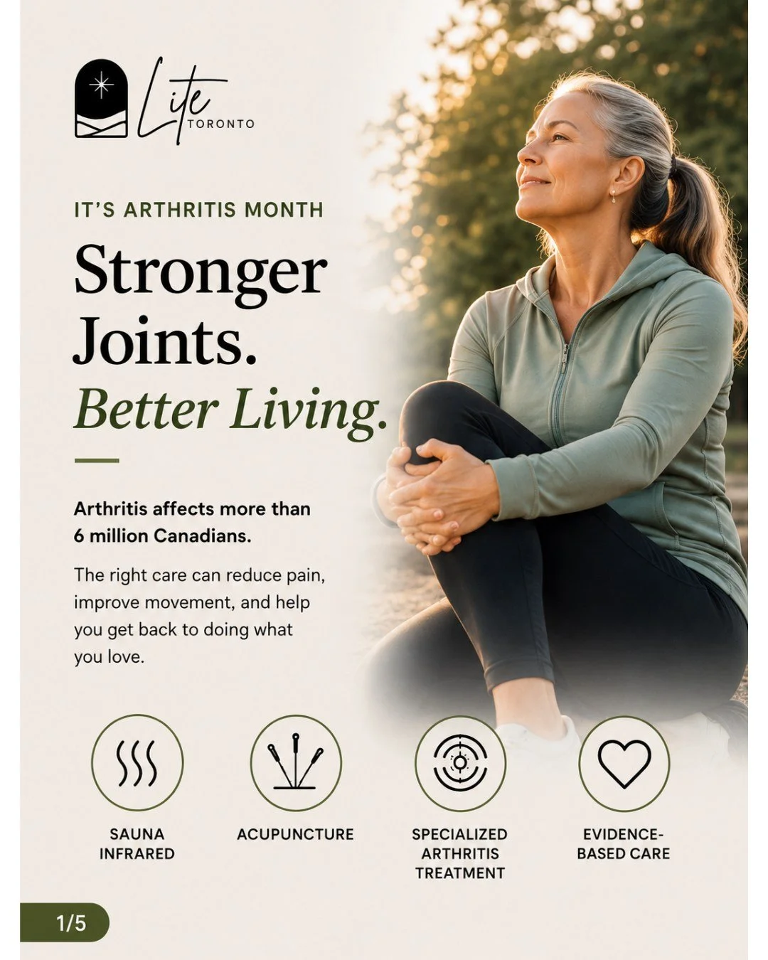 September is Arthritis Awareness Month 💚

Arthritis can affect how you move, work, exercise, sleep, and enjoy everyday life&mdash;but managing it doesn&rsquo;t have to mean simply living with the pain.

At LITE Toronto, we take an integrative, evide