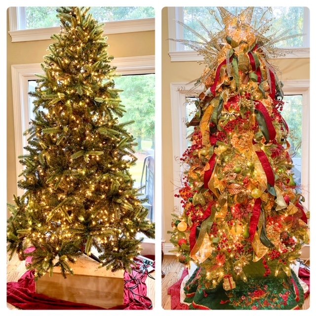 Comparison of two decorated Christmas trees: the left tree is smaller and simple with white lights, while the right tree is larger and elaborately decorated with gold, red, and green ribbons, ornaments, and a large decorative top.