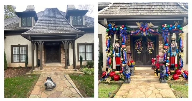 Side-by-side photos of a house, one during the holiday season. The first shows a house with a dark shingle roof, a stone pathway, and a small deer statue, with a plain exterior. The second shows the same house decorated for Christmas with colorful or