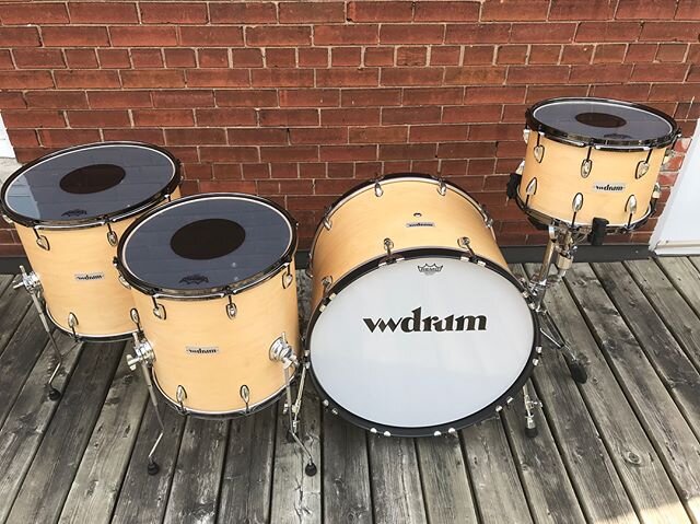 New shells. Inverse. Maple 8 ply (6 ply tom). Black stained inside, natural outside. Chrome lugs, black nickel hoops. 18/24 16/18 16/16 9/13. #customdrums #custom #drums #drummer #drum #drumlife #toronto #canada #band #bands #rocknroll