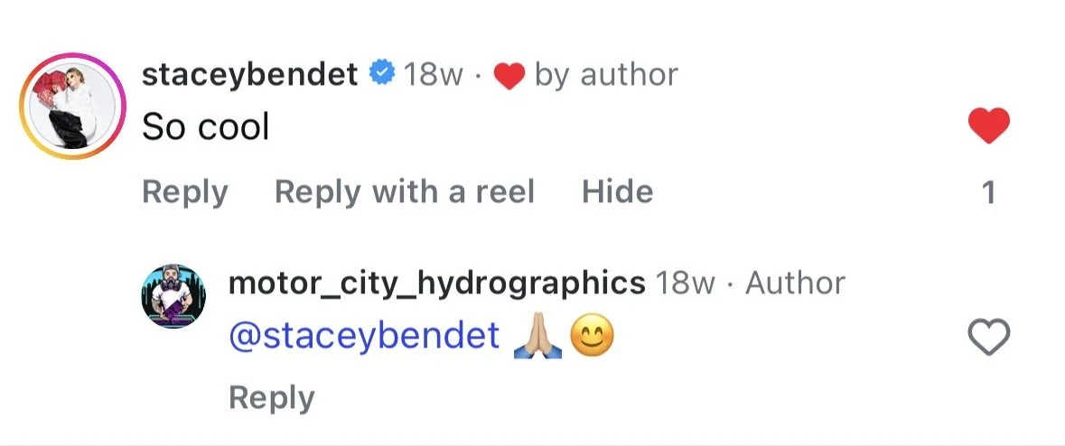 Instagram comment thread with profile pictures, showing famous fashion designer Stacey Bendet CEO of Alice + Olivia clothing