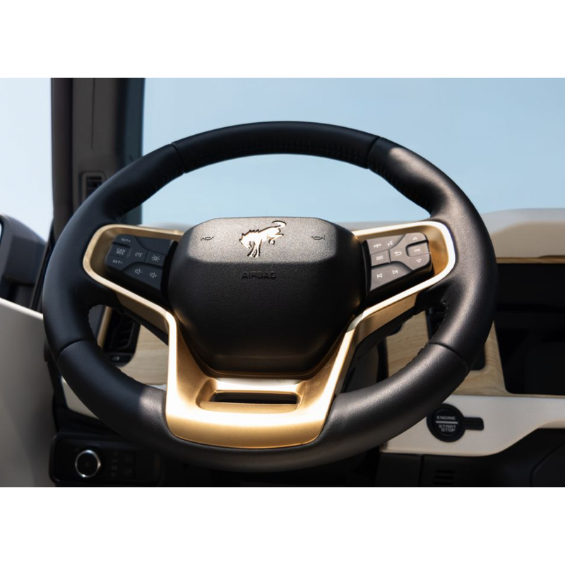 Close-up of a modern car steering wheel with a gold accent, featuring a stylized animal logo at the center.