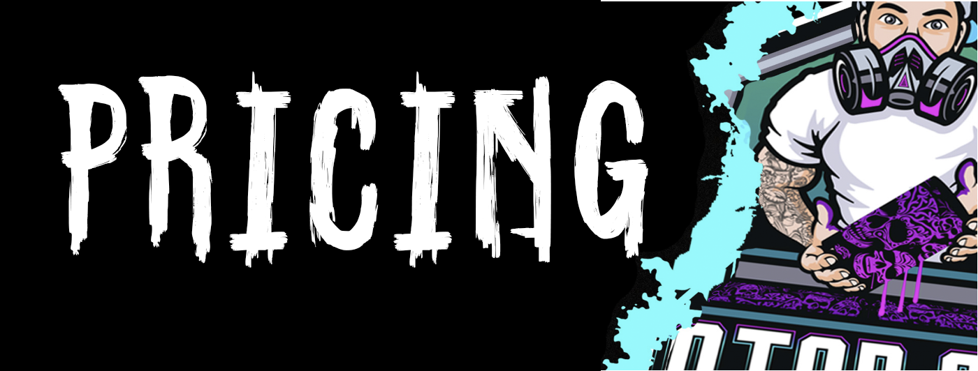 A graphic image with the word "PRICING" in large, distressed white letters on a black background. To the right, a cartoon-style illustration of a person with tattoos, wearing a face mask, holding a purple patterned item, and surrounded by blue splashes and bold text.