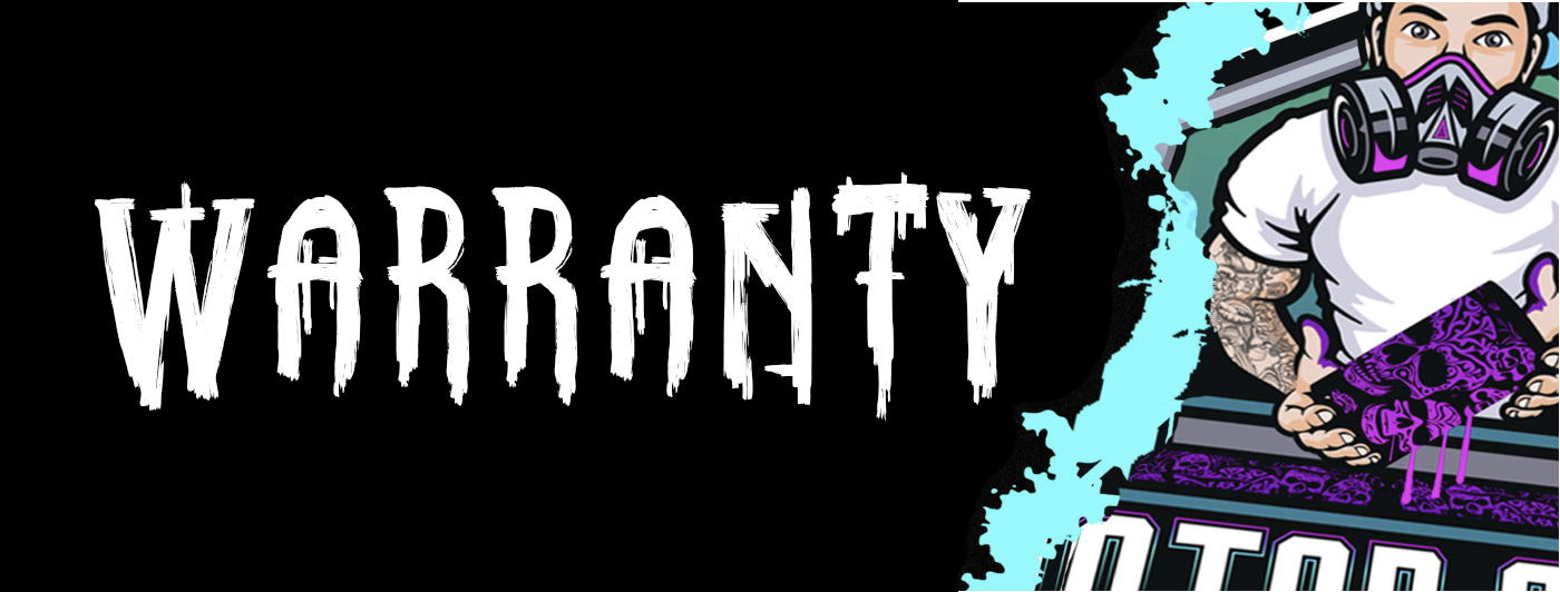 Image promoting a warranty, featuring a person wearing a respirator mask, holding a spray-painted object with purple paint, with the word 'WARRANTY' in stylized text on a black background.