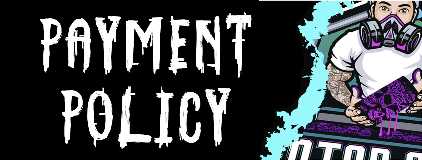 Graphic with the text 'Payment Policy' and an illustration of a person wearing a respirator mask holding a purple and black substance, with a splash of blue paint around.