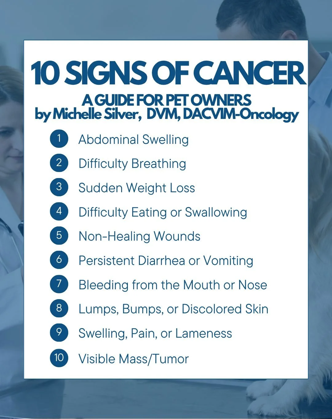 Help your clients recognize the early warning signs of cancer.
Our oncology team created this comprehensive client education handout, written by DVM STAT’s own board-certified oncologist, Dr. Michelle Silver, DVM, DACVIM (Oncology). It is desi