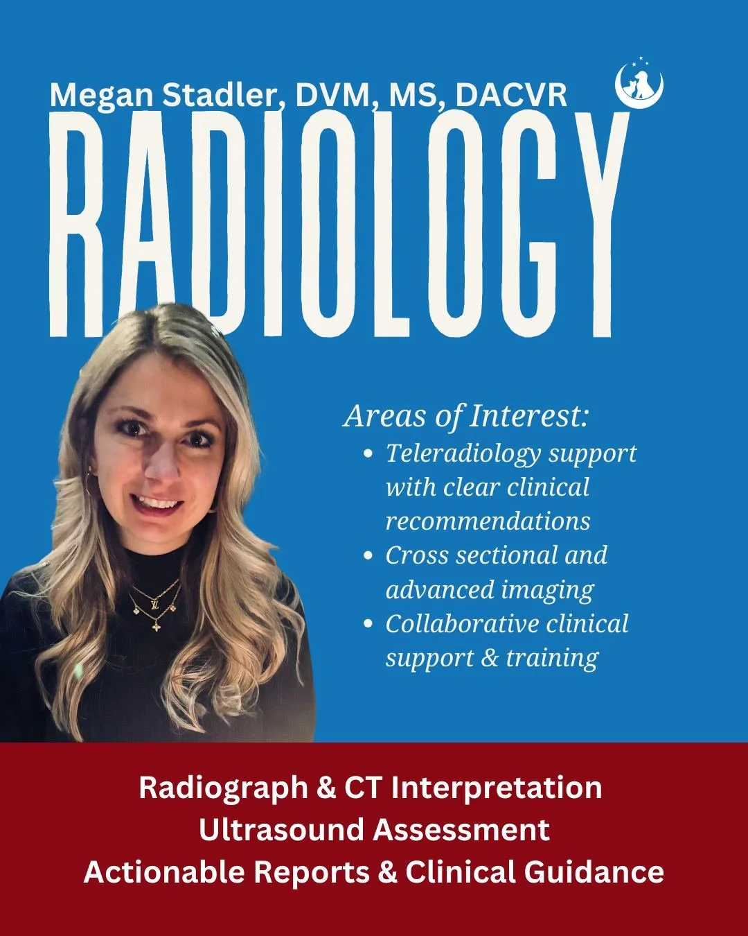 🌟 Meet Dr. Megan Stadler, DVM, MS, DACVR. Dr. Stadler is a board-certified veterinary radiologist with advanced training in diagnostic imaging. She earned her veterinary degree from The Ohio State University and practiced as an emergency clinician p