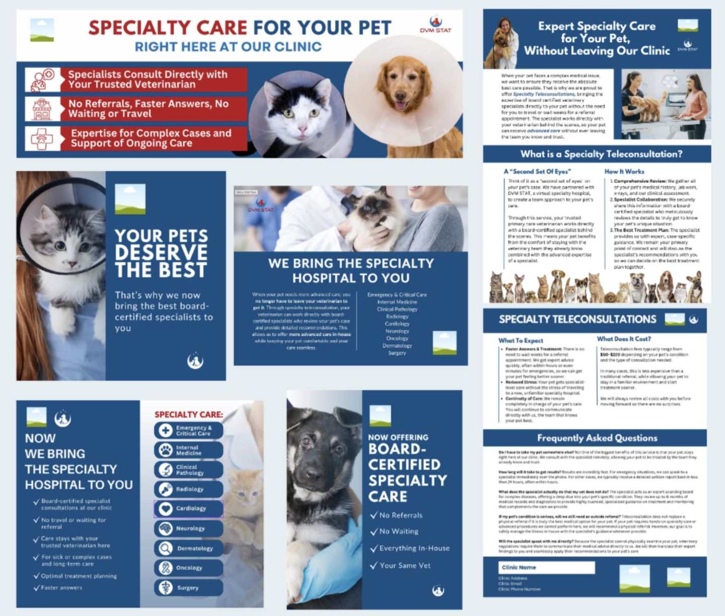An image of the DVM STAT marketing templates for social, email and exam room flyers feating messaging for clients.