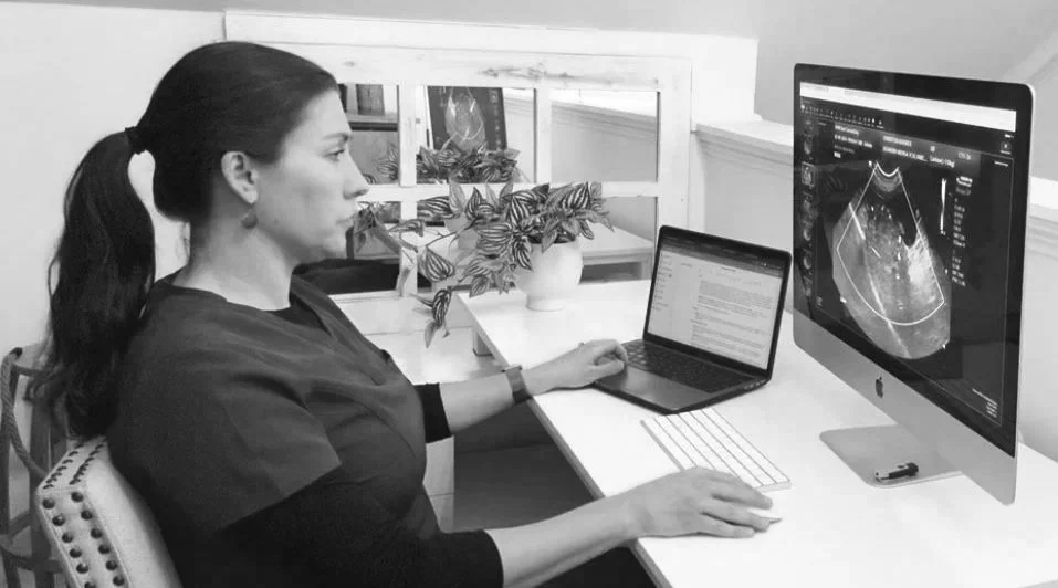 A woman in scrubs sitting at a desk, viewing a computer screen with an ultrasound image, and working on a laptop.