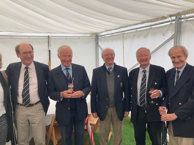 Old Wykehamists celebrate their cup win in 1970 - Chris Sutton-Mattocks, Richard Priestley, Barry Reed, David Oldridge