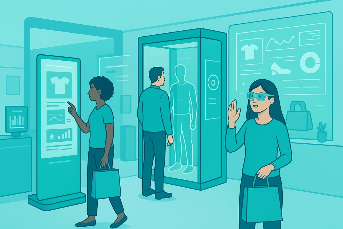 Customers using AR and digital displays in modern retail transformation with data analytics