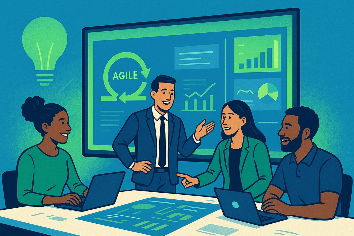 Business leaders discussing agile transformation strategy with performance charts and continuous improvement metrics