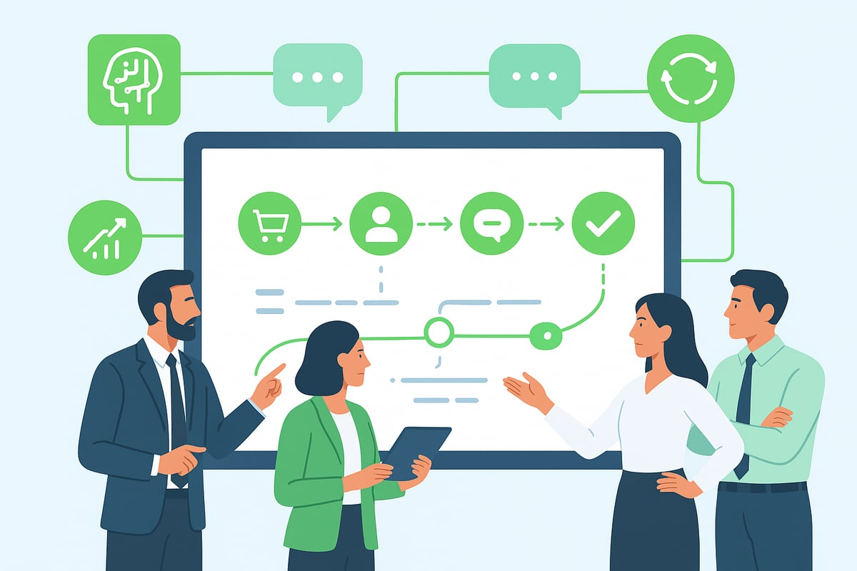 Team discussing AI-powered customer journey automation workflow with continuous improvement cycle