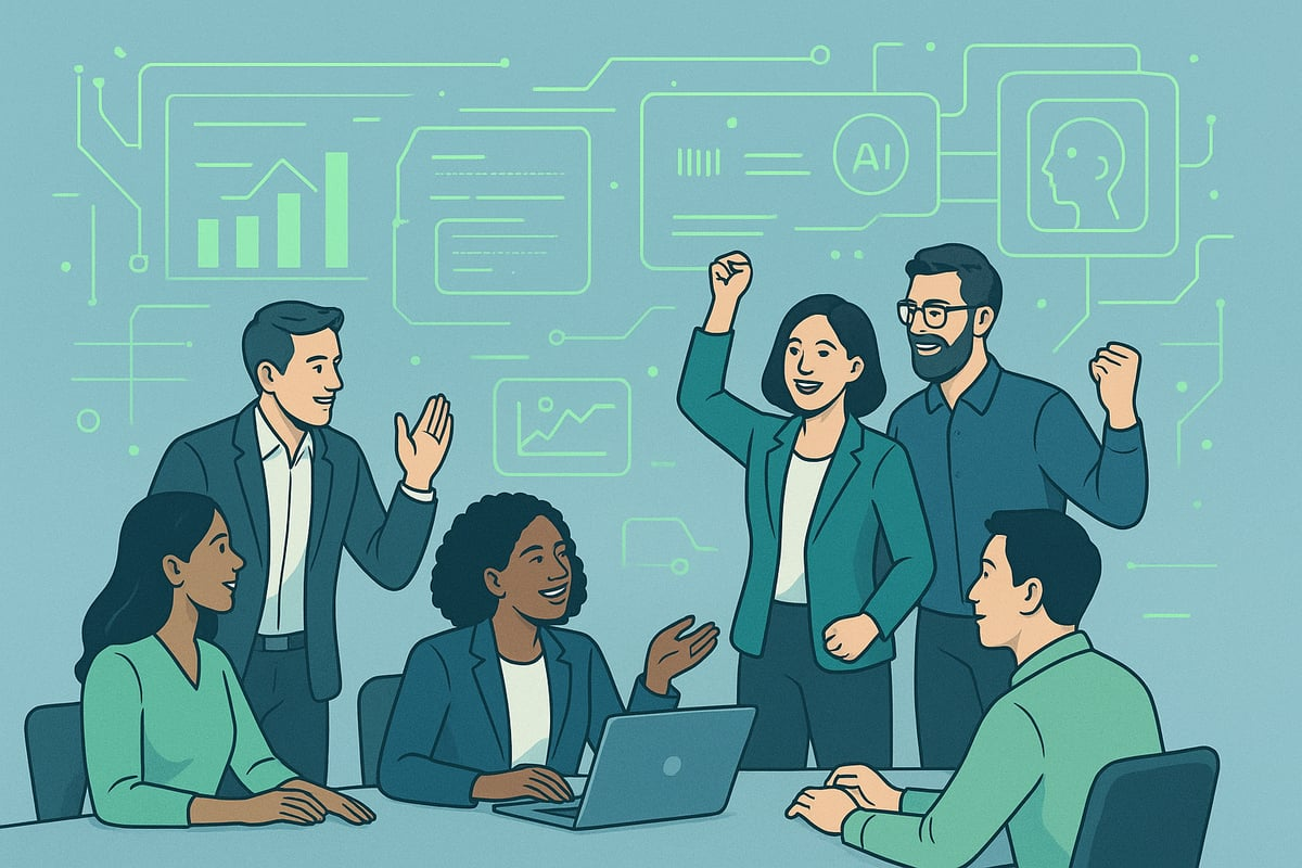 High-performing transformation team celebrating success with AI integration and digital transformation metrics