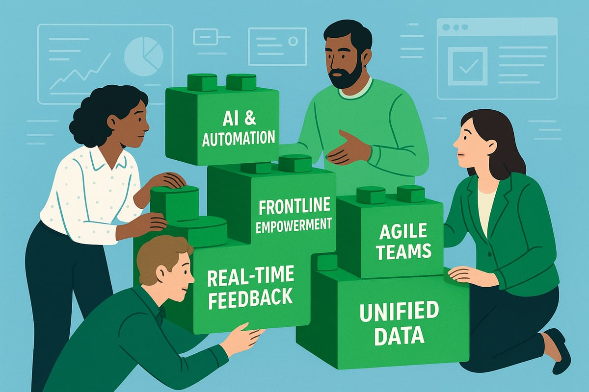 Transformation team building blocks of AI automation, agile teams, frontline empowerment and unified data