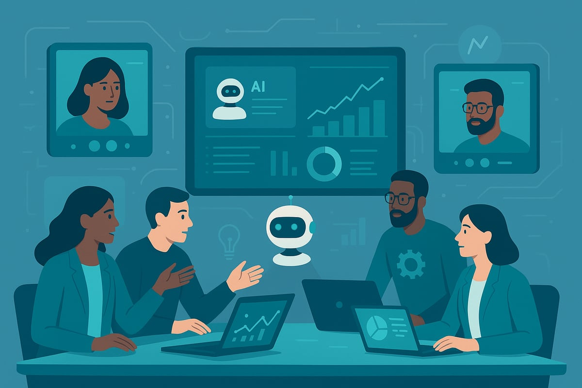 Diverse transformation team collaborating with AI technology in hybrid meeting with digital analytics dashboard