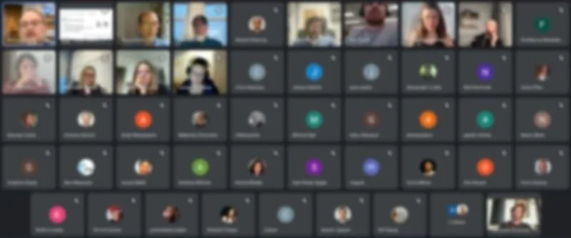 Screenshot of a virtual meeting with many participants in individual video tiles, some with cameras on and others displaying profile icons or muted symbols.