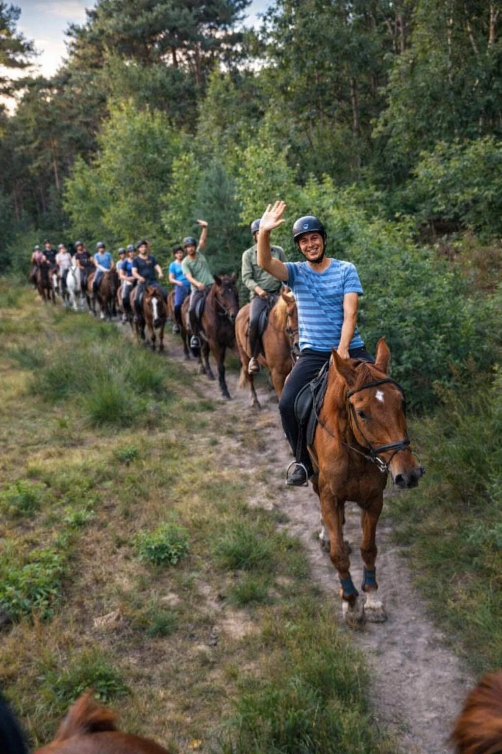 Groep ruiters van voren gefotografeerd, rijdt over een ruiterpad midden in de natuur, langs groene bomen, struiken en grasland.