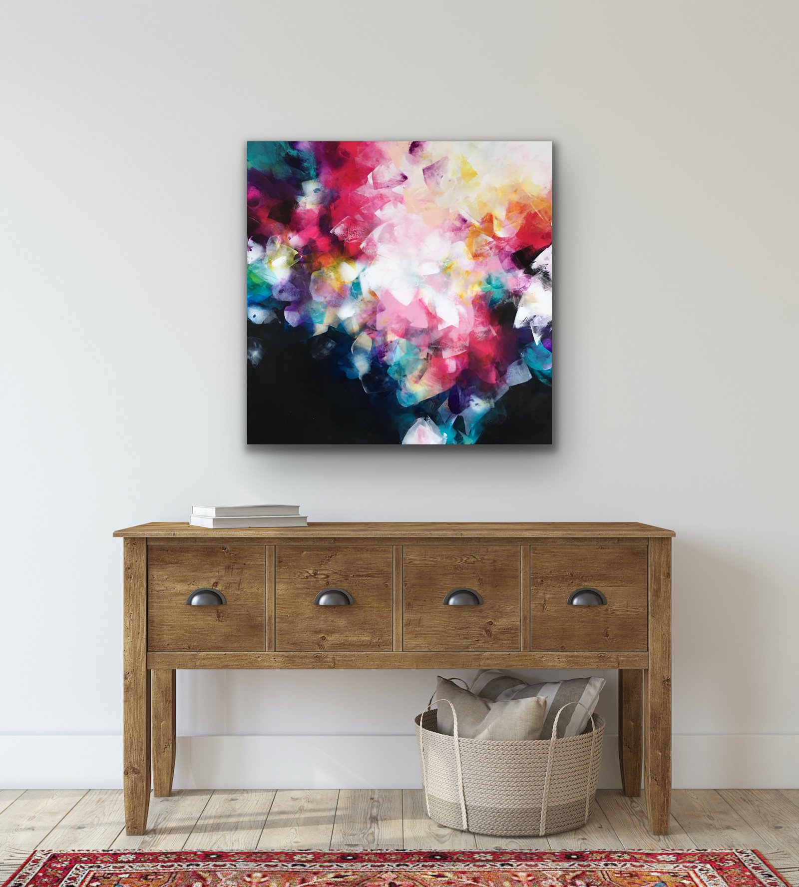 insitu-wooden console-36x36-Alive in this moment - Colorful abstract painting - Deniz Altug - Canadian-Toronto-Montreal-contemporary-acrylic canvas.jpeg
