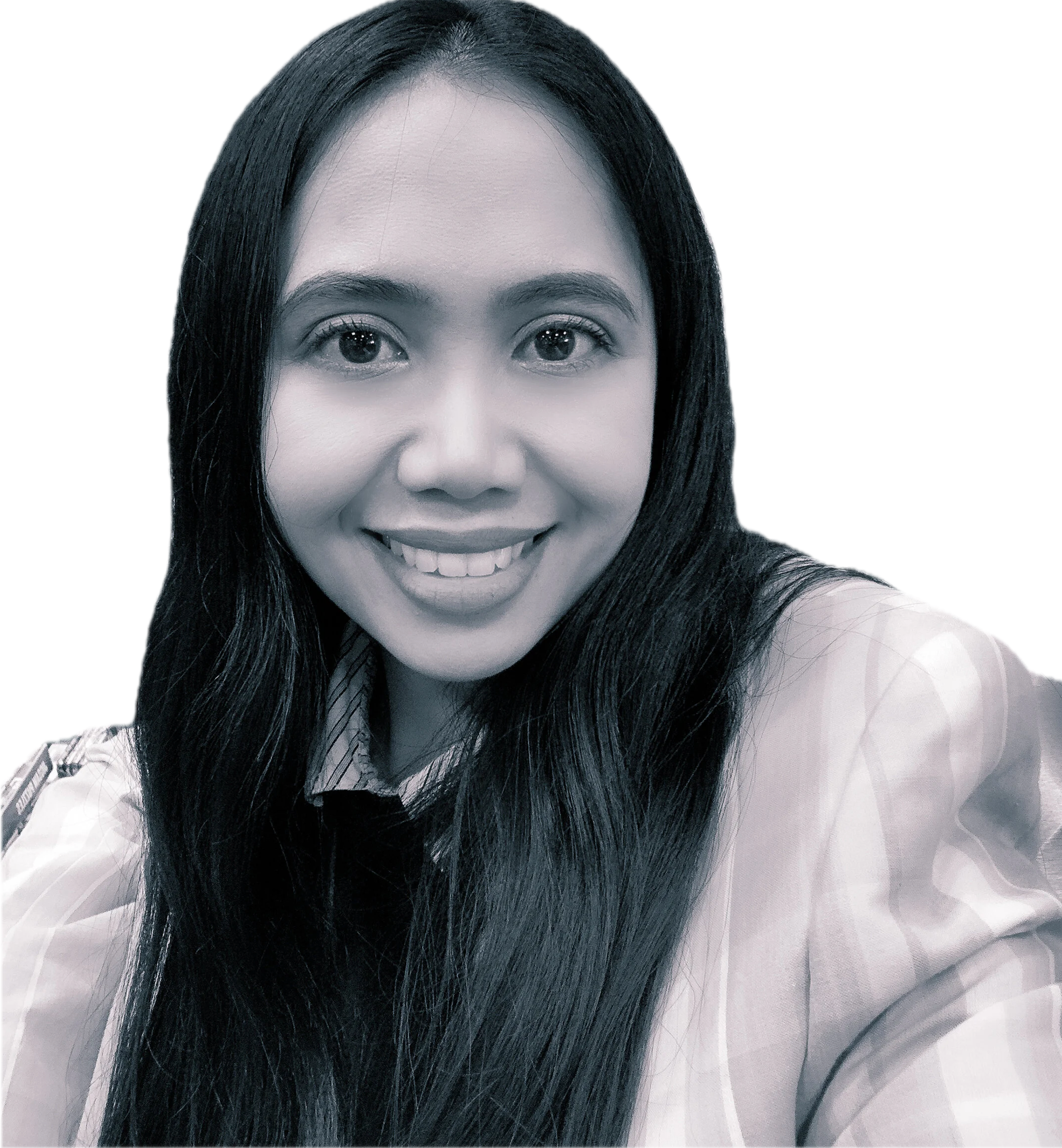 A woman with long dark hair smiling, wearing a uniform with a badge on her shoulder, against a white background.