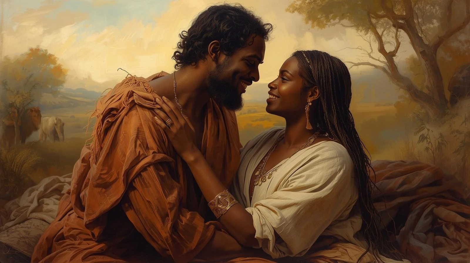 Generate an image of true love by two black charaters in biblical times..jpg