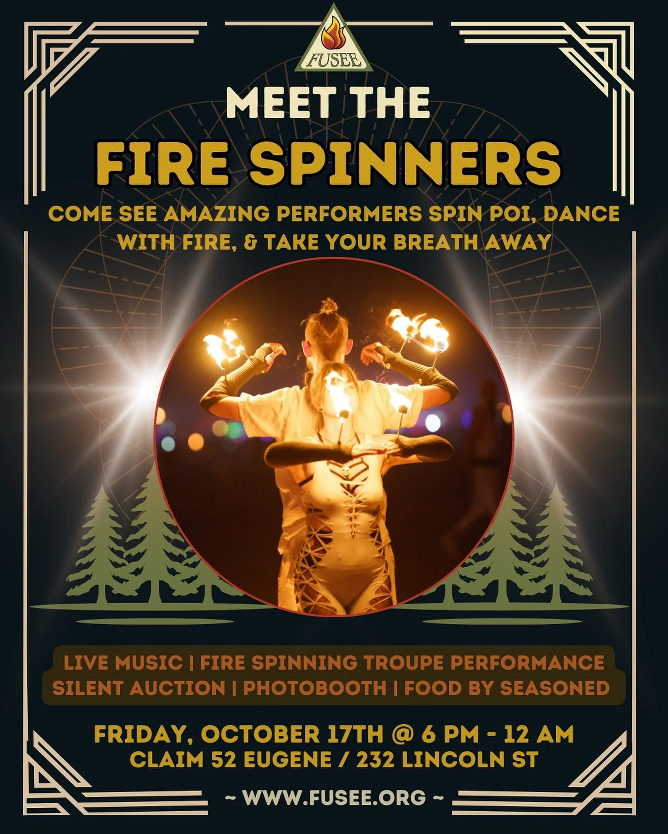 🔥✨ Get ready for the hottest night in Eugene! ✨🔥
Join us for an unforgettable evening as FUSEE brings the magic of live fire spinning, music, and community to Claim 52! Watch local artists light up the night&mdash;literally&mdash;and experience a s