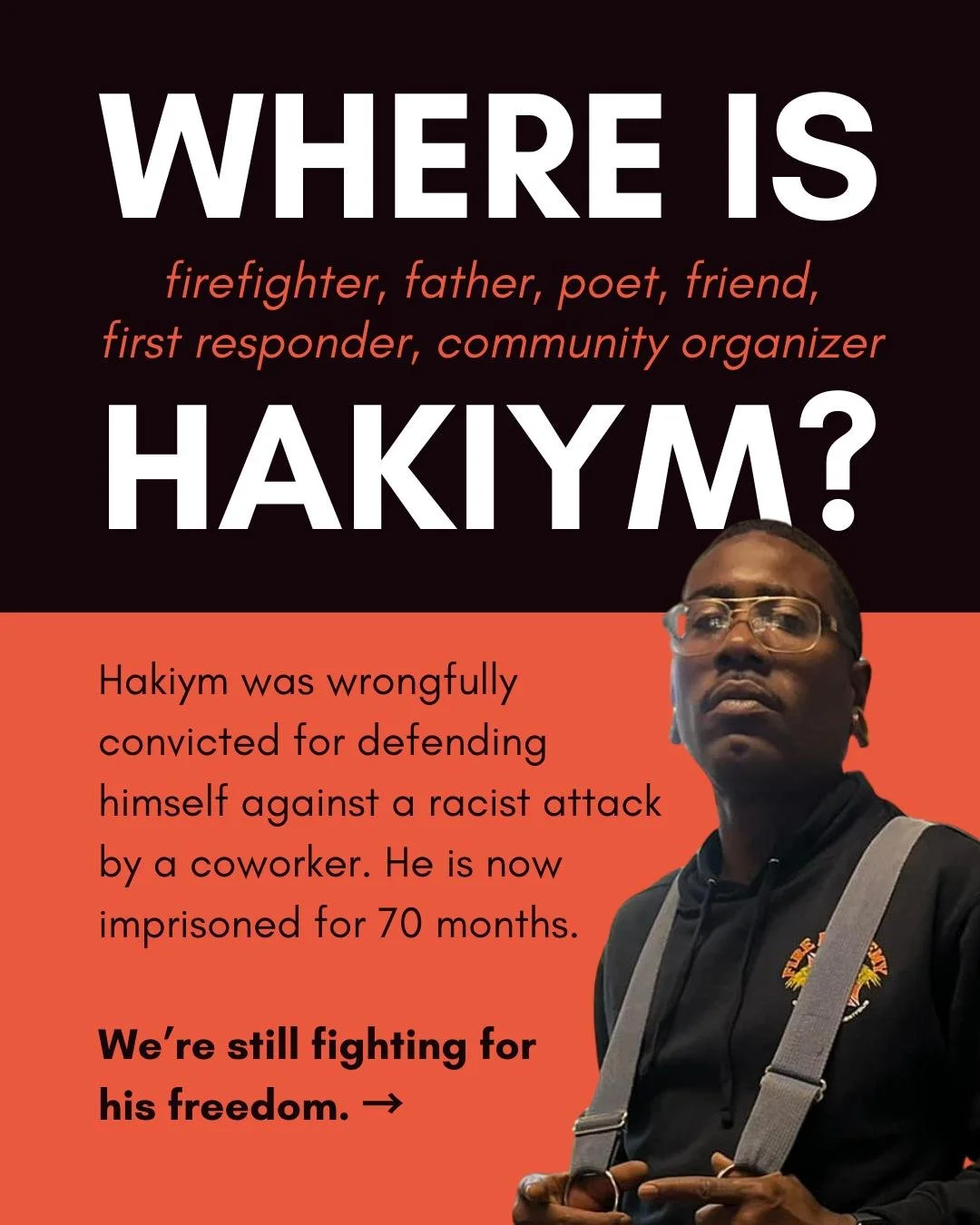 This #BlackHistoryMonth, we're here to remind you that Hakiym is still imprisoned. 

After a racially-motivated attack by a coworker, wildland firefighter Brian "Hakiym" Simpson was wrongfully convicted and now faces 70 months in prison for