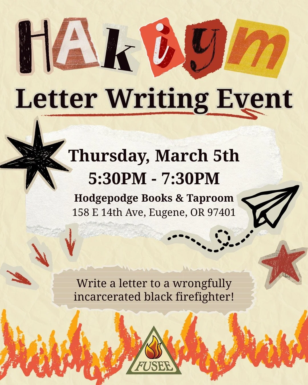 Eugene friends, join @fuseefire and @willametteabolitionproject for a powerful (and free!) evening of community and action! ❤️&zwj;🔥

We&rsquo;re coming together to support Hakiym, a wrongfully incarcerated Black firefighter who was imprisoned for d