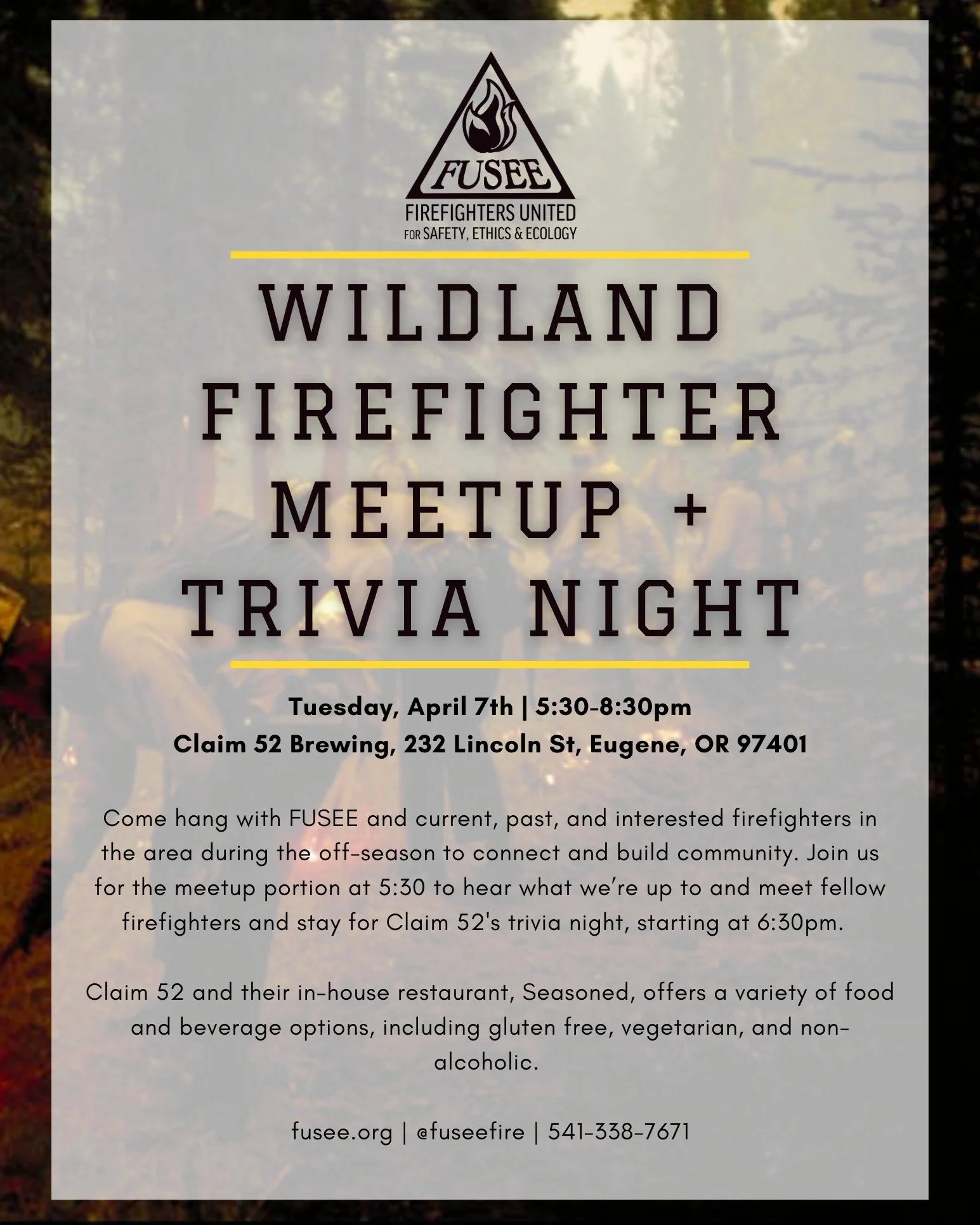 Connect with past, current, and interested wildland firefighters in the Eugene area at our Wildland Firefighter Meetup &amp; Trivia Night next Tuesday! ❤️&zwj;🔥

📆 Tuesday, April 7th 5:30-8:30PM
📍 @claim52brew 232 Lincoln St, Eugene, Oregon

Join 