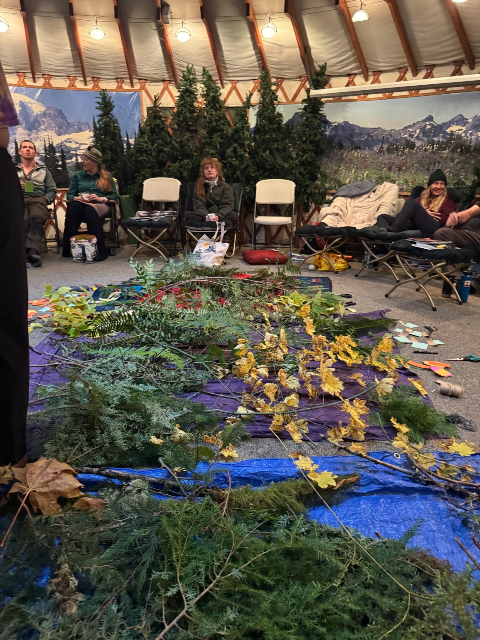 Foliage is laid out for a retreat activity