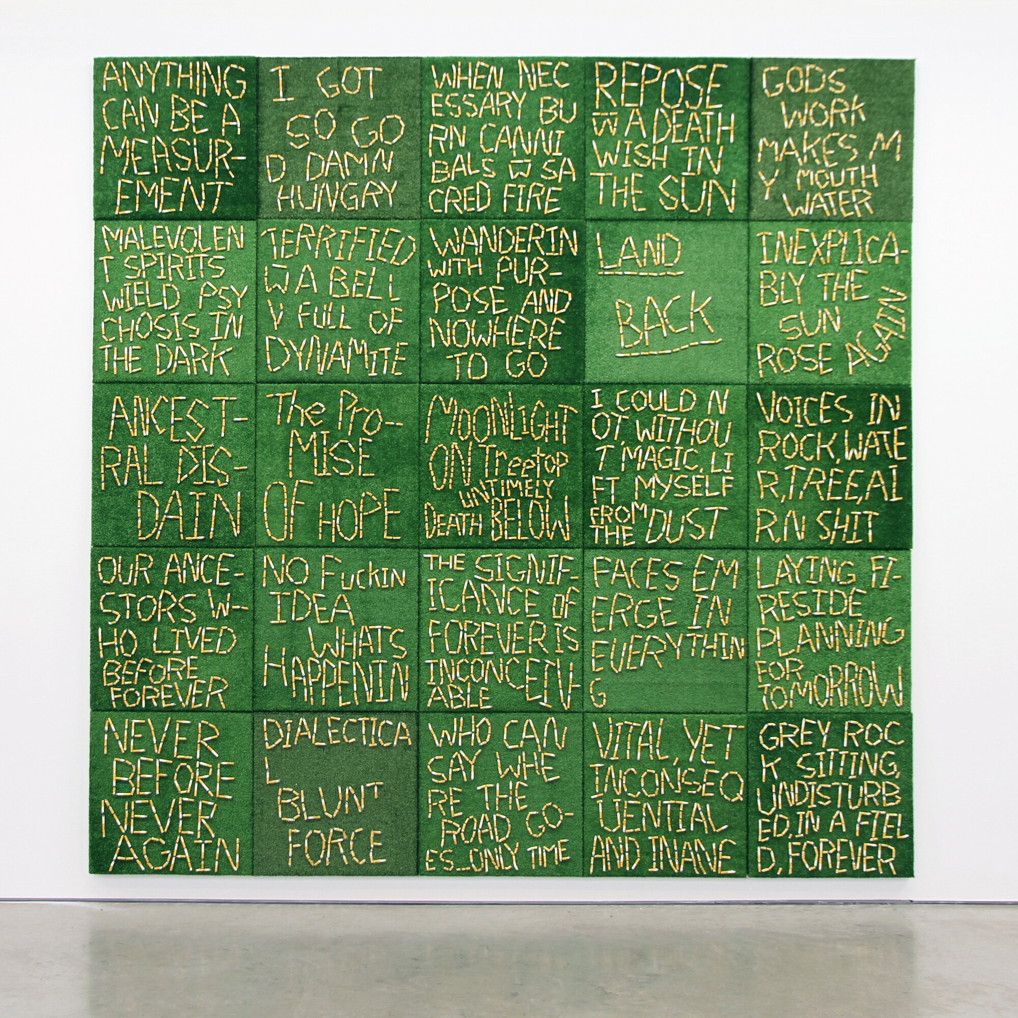 Joseph Tisiga, Plâtre, aquarelle et pelouse synthétique sur panneau de bois / Plaster, watercolour and synthetic turf over wood panel 61 x 61 cm chaque (24 x 24 in. each)