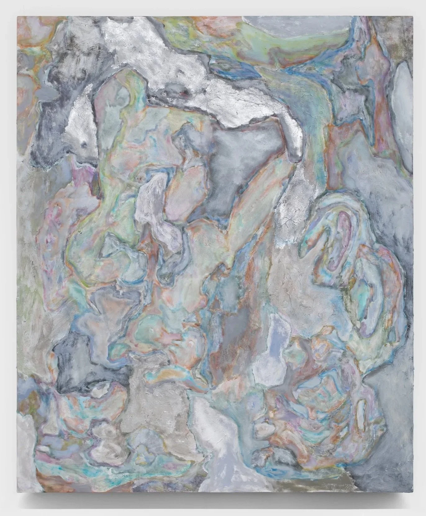 Laur P.:
Will our record misrecognize us too? 2024
huile, acrylique, feuille d'aluminium et adhésif à base d'huile sur toile sur panneau / oil, acrylic, aluminum leaf, and oil-based adhesive on canvas over panel
182.9 x 152.4 cm