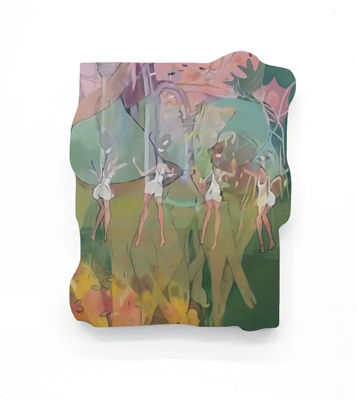 Véronique Chagnon Côté:
L'île du plaisir (la chorégraphie), 2026
acrylique et huile sur bois / acrylic and oil on wood
31 x 24.5 cm