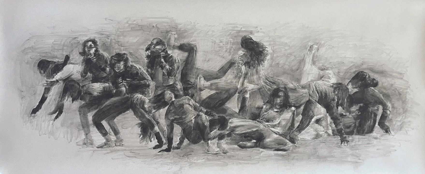 Leila Zelli:
Les rues portent leurs pas (28), 2026
Graphite aquarelle et pastel sur papier /
Graphite, watercolour, and pastel on paper
160 x 381 cm