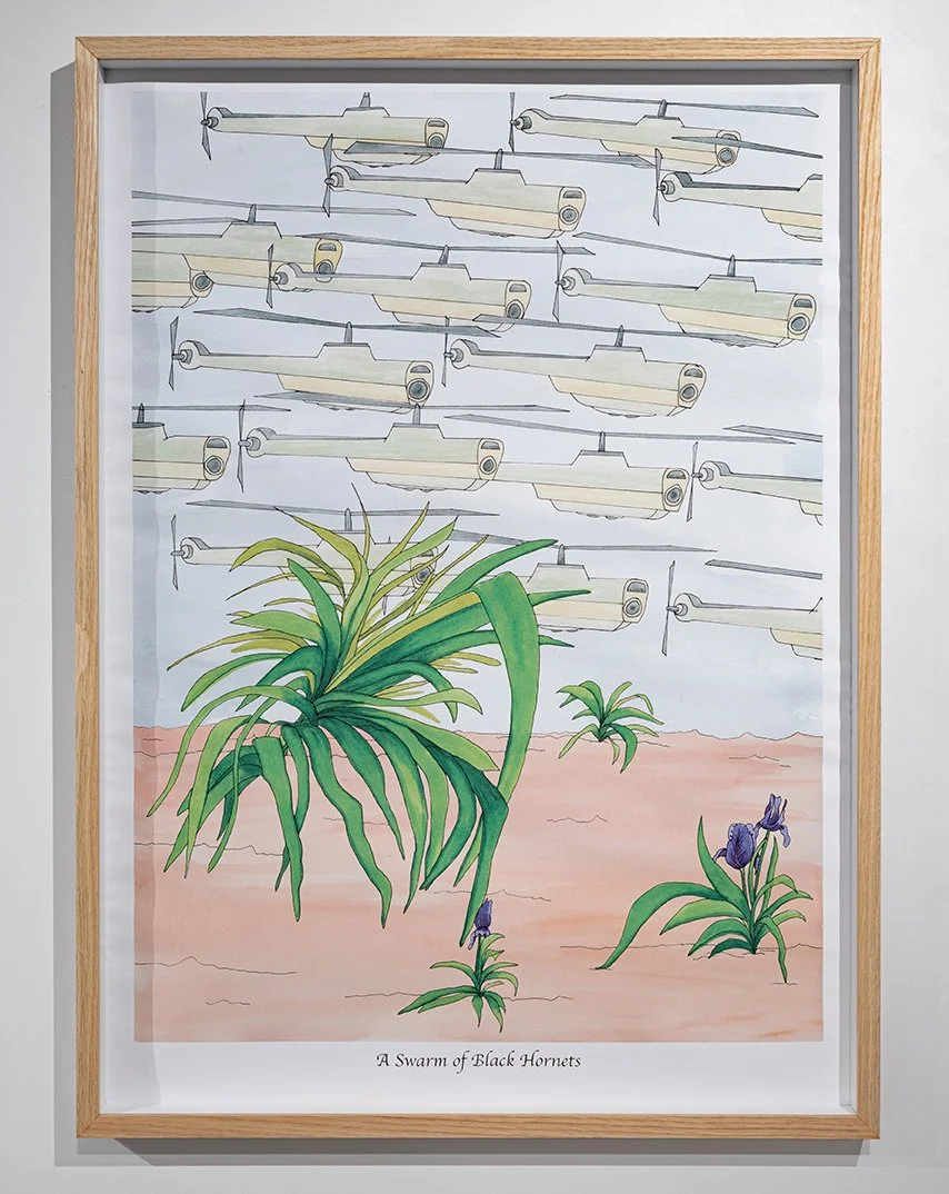 Stéphanie Morissette:
Swarm of Black Hornets, 2024
aquarelle et impression numérique sur papier mat brillant Epson Hot Press Bright / watercolor and digital print on Epson Hot Press Bright matte paper
91 x 66 cm