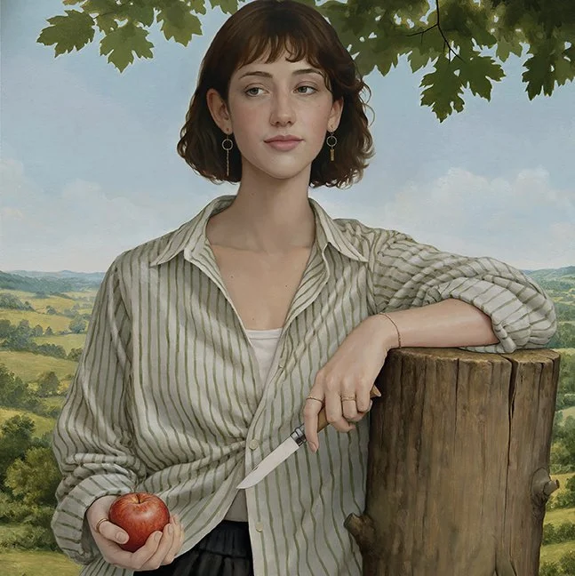 Émile Brunet:
Pomme et couteau, 2026
huile sur panneau de bois / oil on wood panel
76.2 x 76.2 cm
