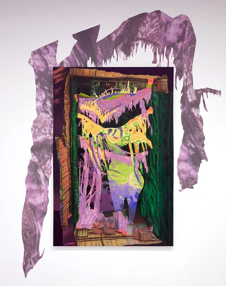 Nicole Crozier:
Paddock for an ambling plush lush (with hungry arch), 2025
acrylique et huile sur toile, impression numérique à jet d'encre / acrylic and oil on canvas, digital inkjet print
228 x 183 cm
