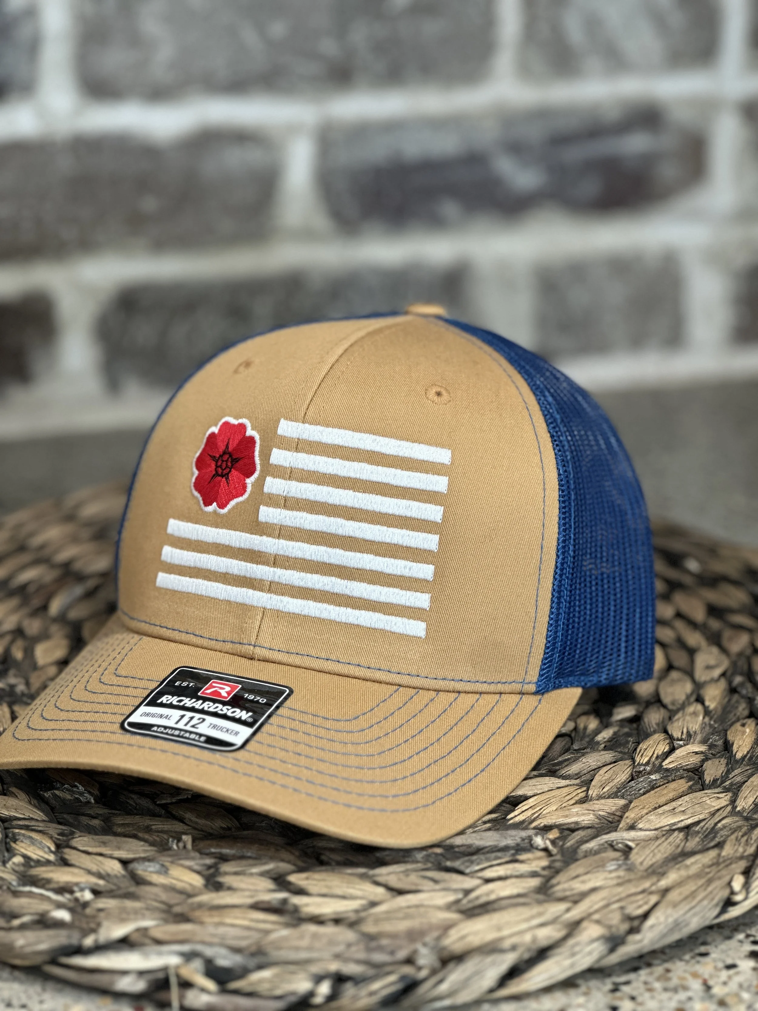 Tan with blue mesh striped hat