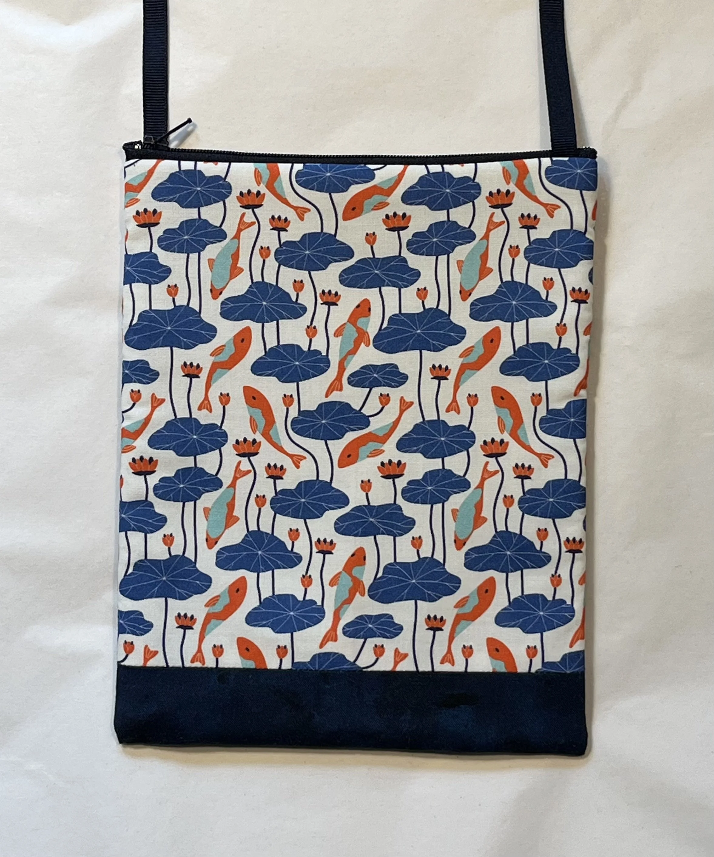 Hanako Pouch - White with Blue and Orange Lillies and Koi
