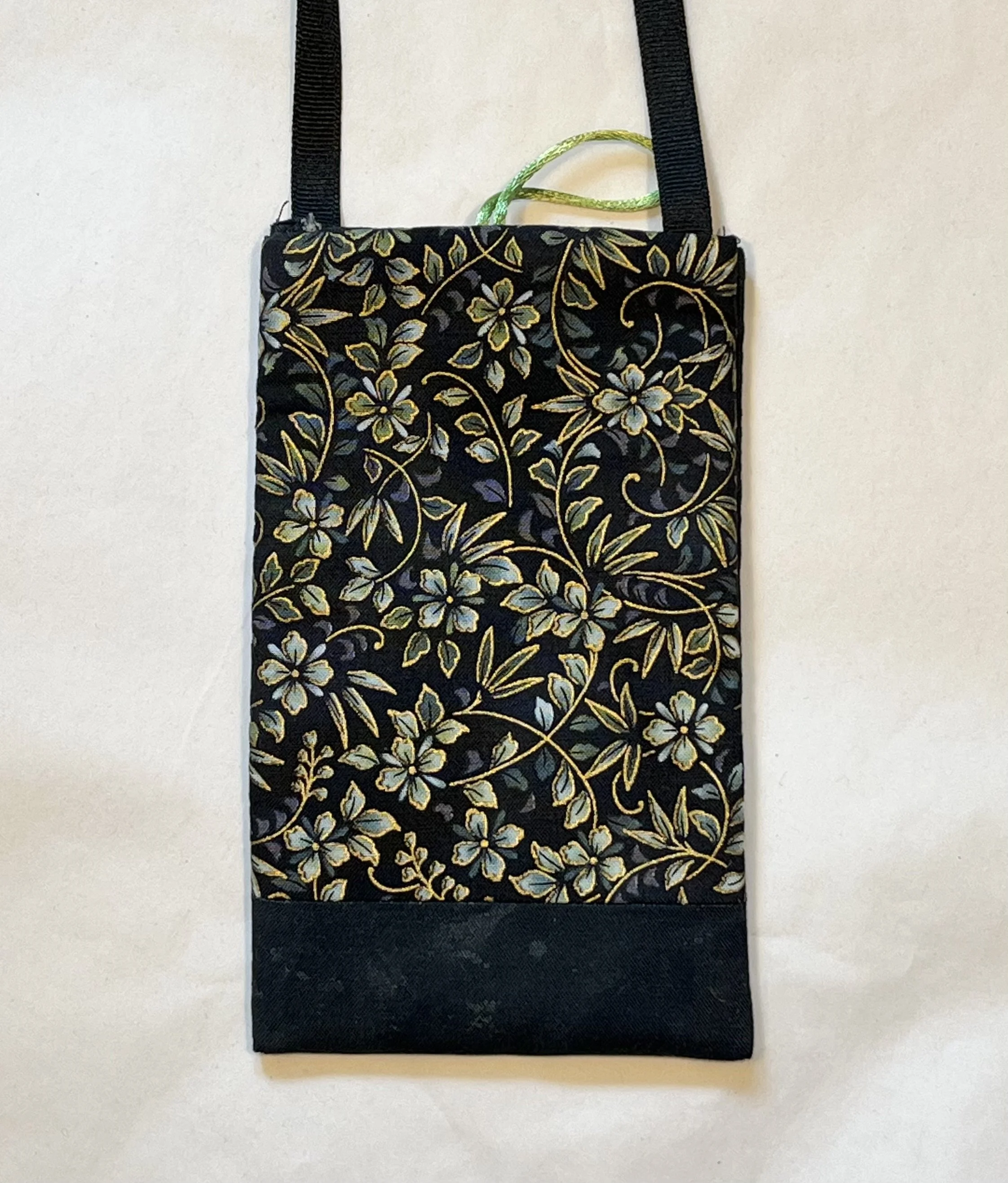 Cell Phone Holder - Black Gold and Blue Flowers