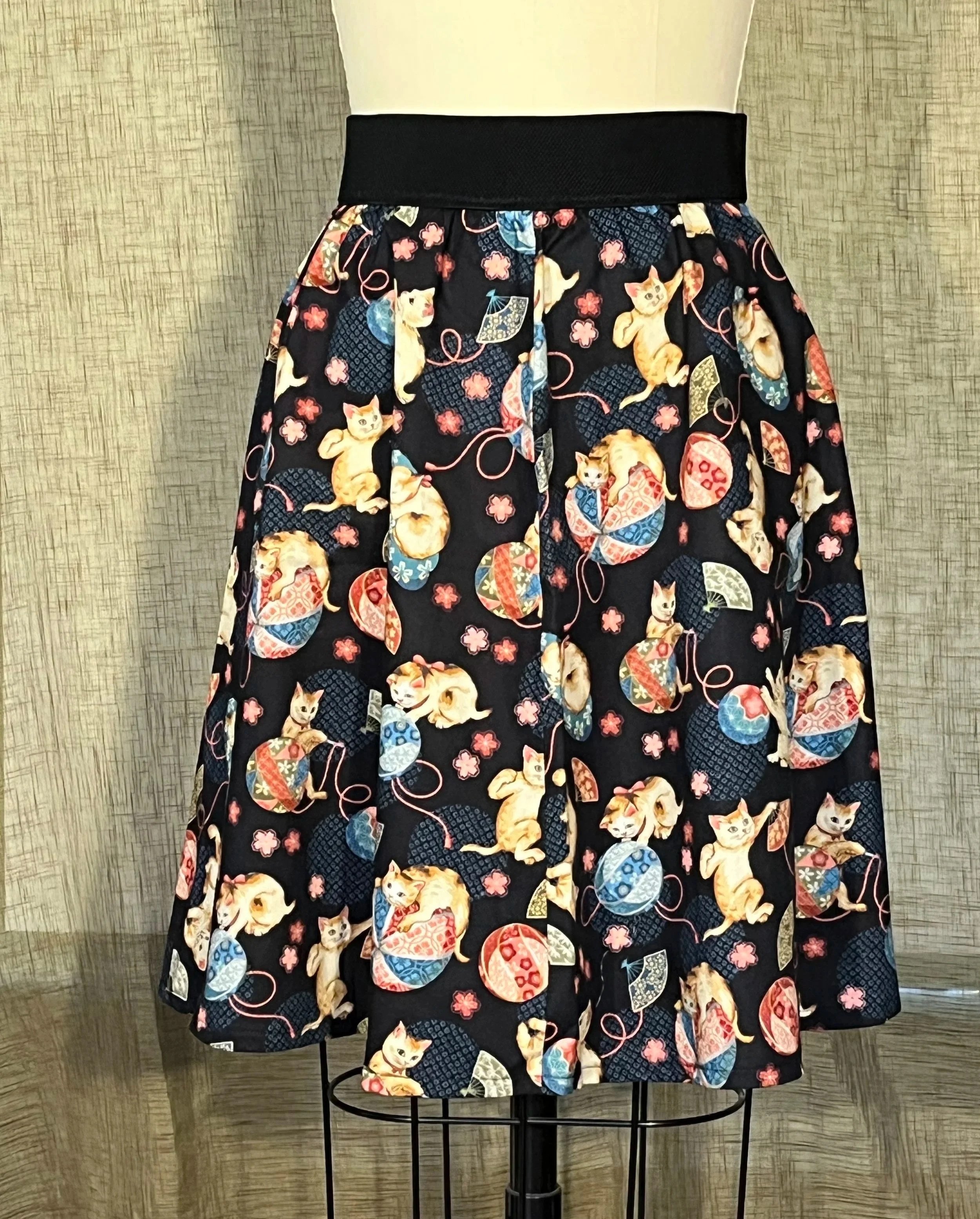 Skirt- Black with Playing Cats