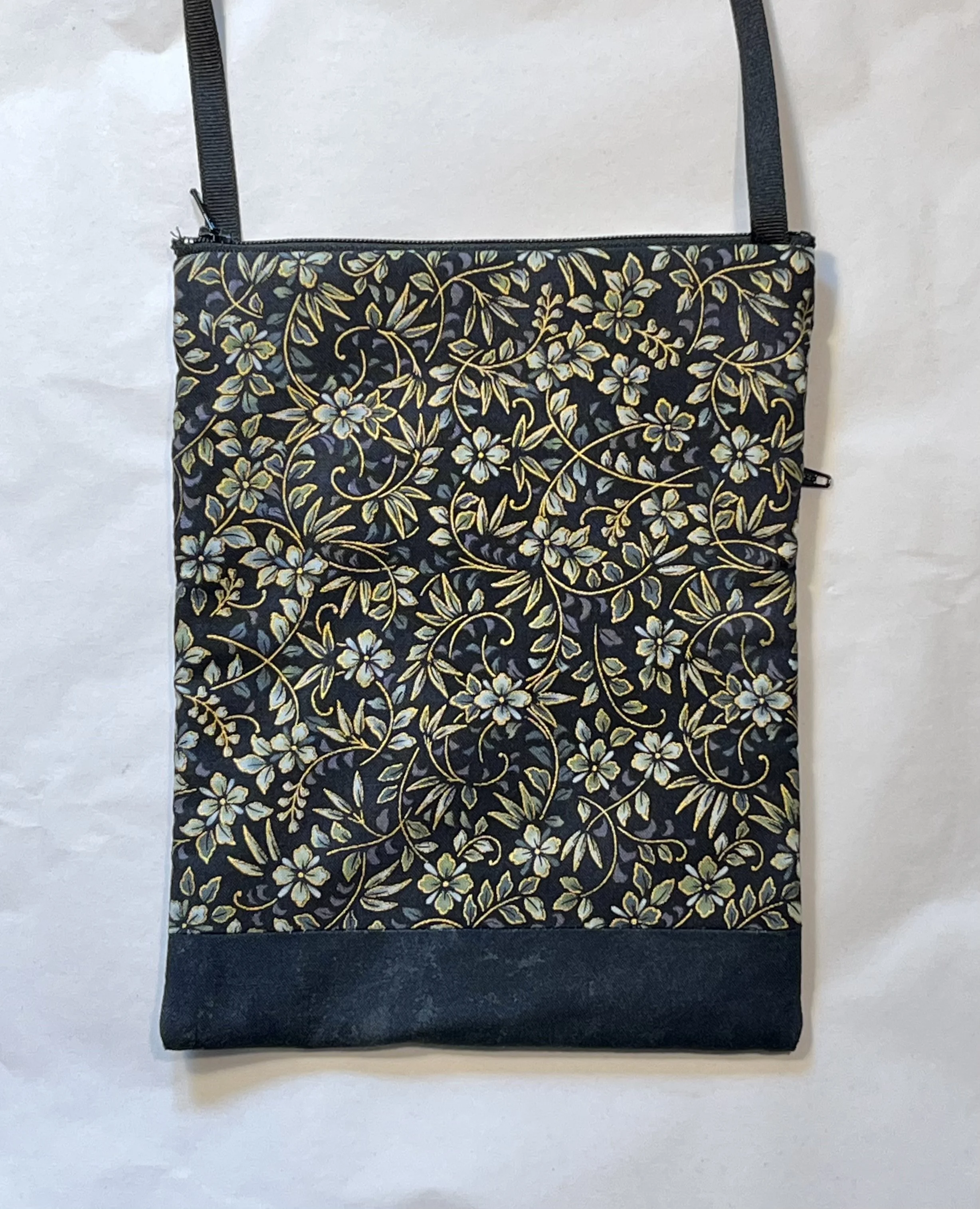 Hanako Pouch - Black with Gold Swirls, Flowers and Leaves