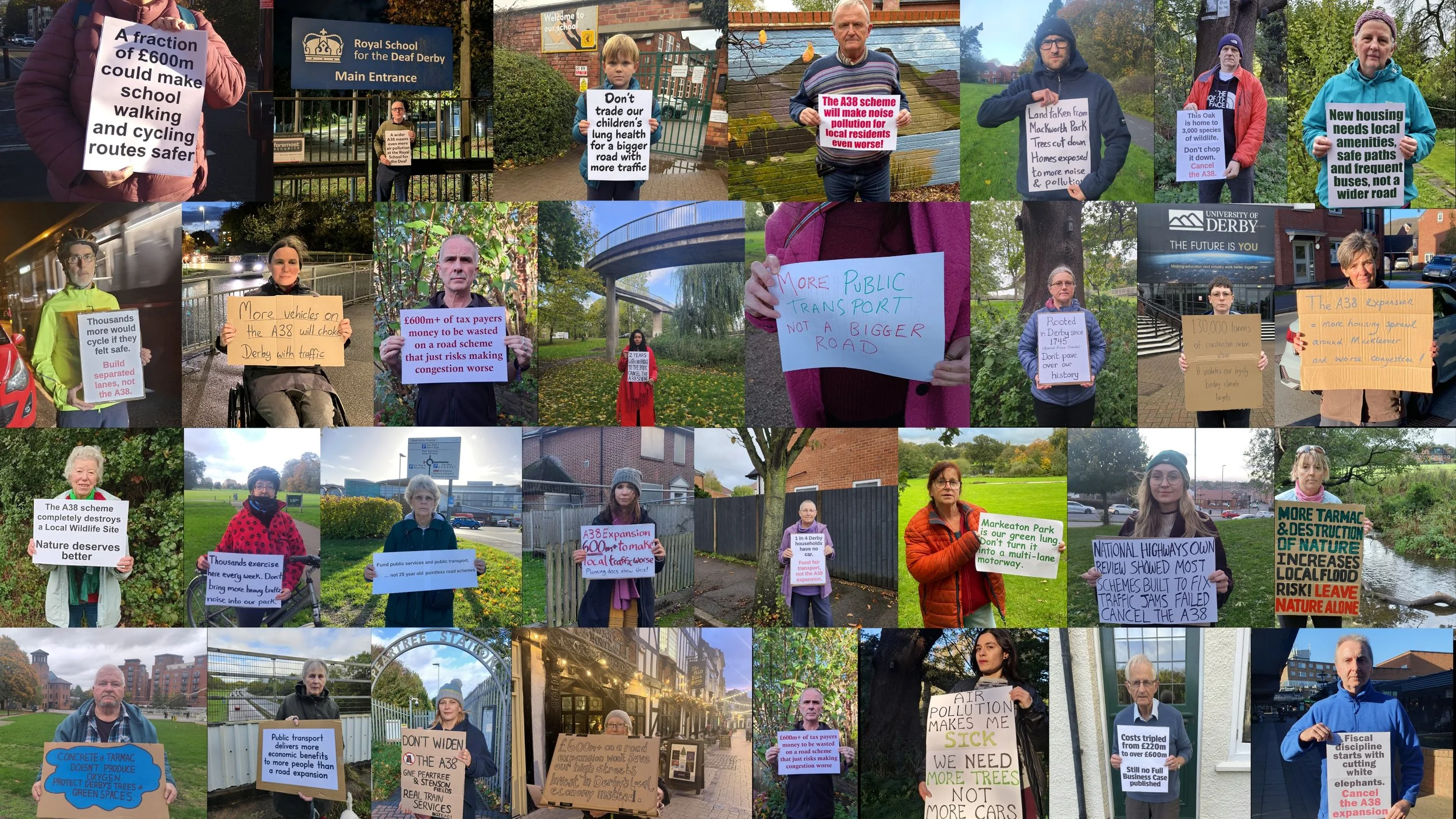 Residents holding signs at locations across the city, each highlighting a different negative impact of the A38 Derby Junctions scheme.