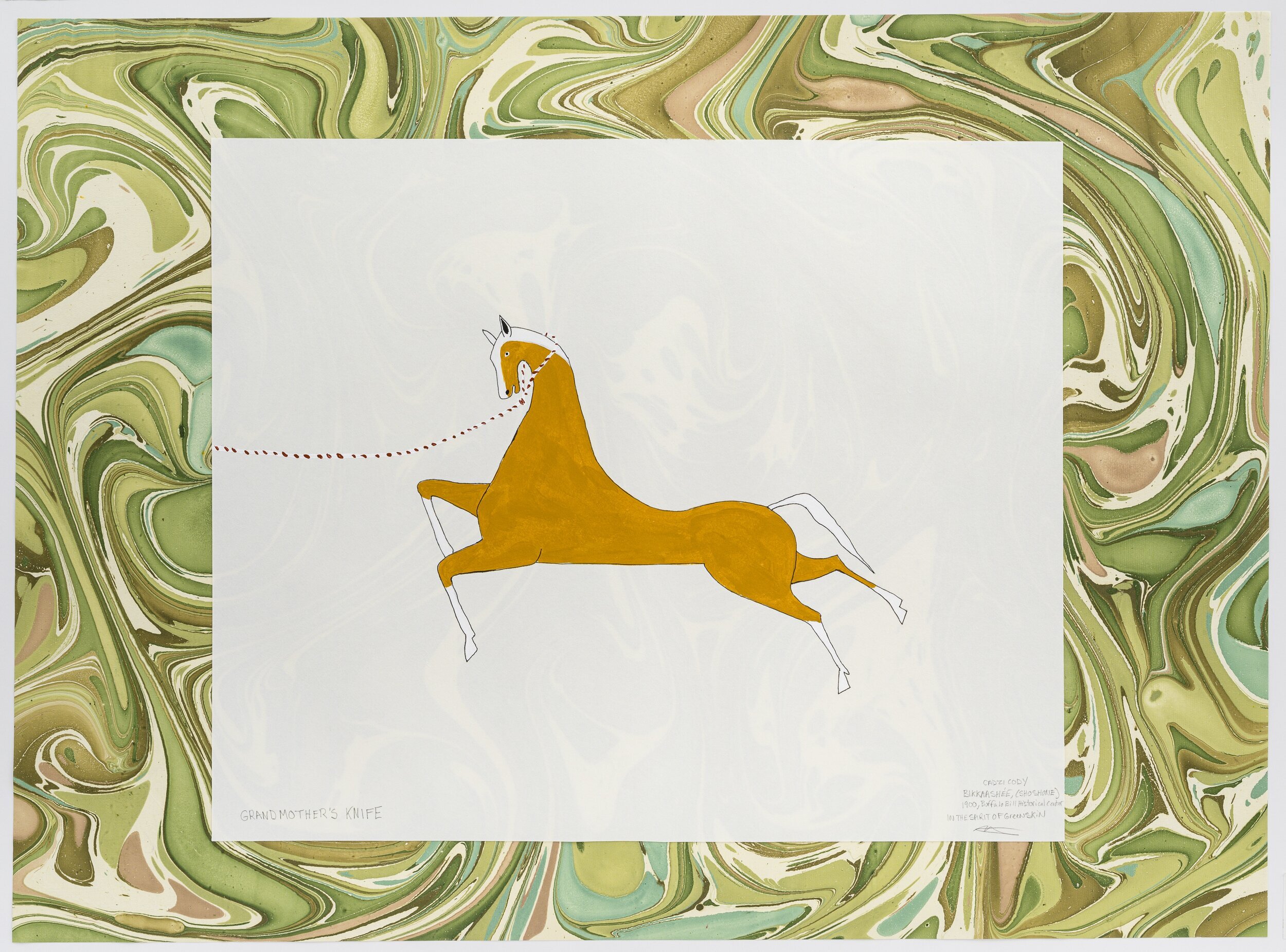  “Grandmother’s Knife, Cadzi Cody, Bikkaashée (Shoshone), 1900, Buffalo Bill Historial Center, ‘In the Spirit of Green Skin,’” 2021, acrylic, graphite, kitakata paper, marble paper,, 22 x 30 inches  