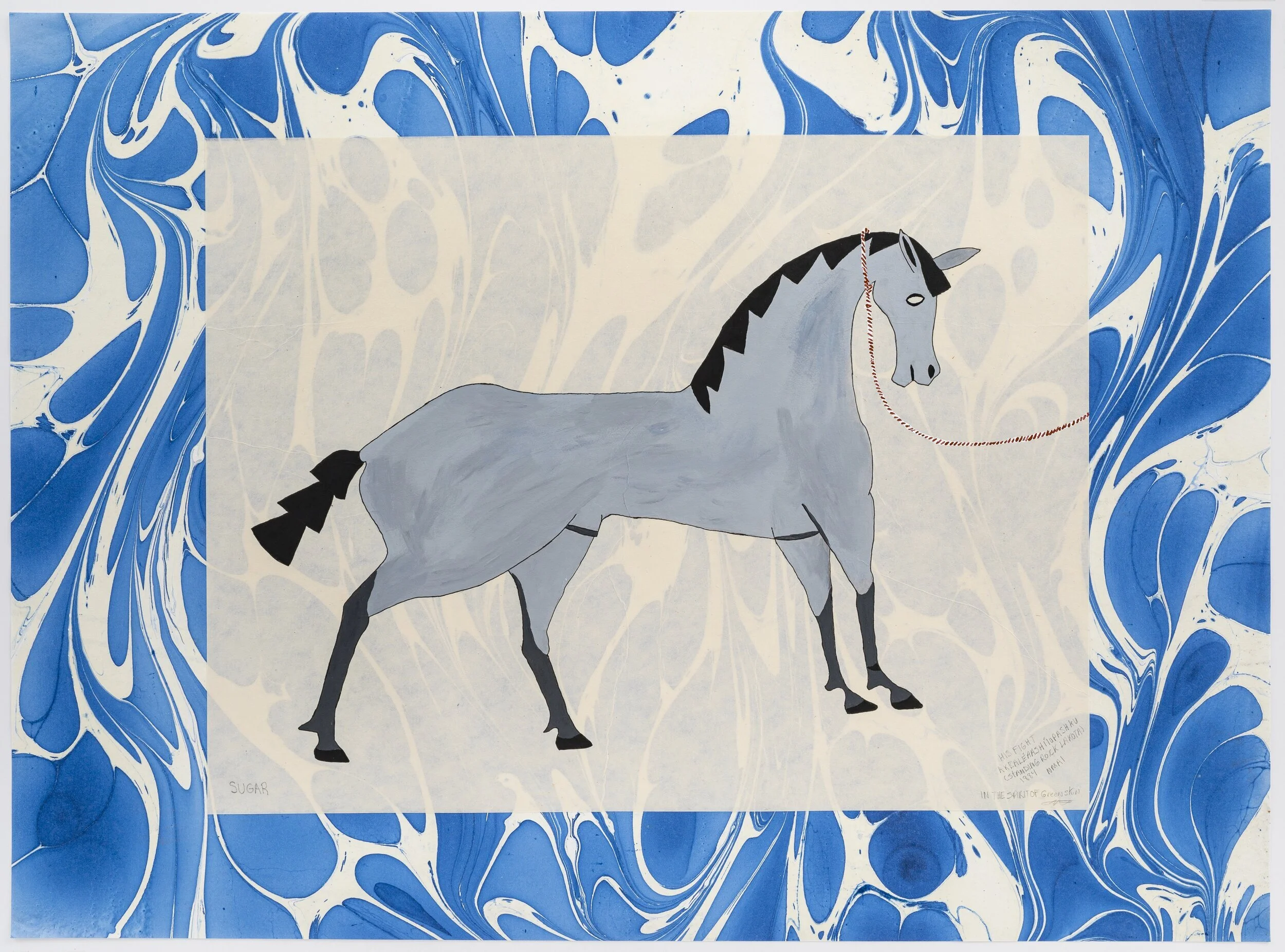  Sugar His Fight, Akbaléaashíiupashku (Standing Rock Lakota), 1884, NMAI, ”In the Spirit of Green Skin’” 2021, acrylic, graphite, kitakata paper, marble paper,, 22 x 30 inches  