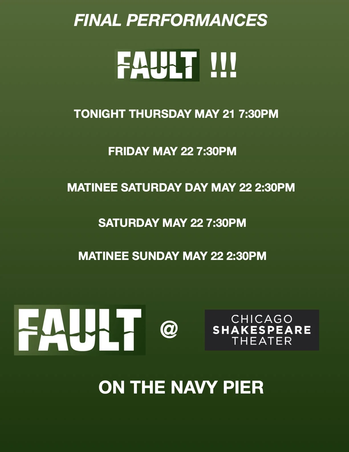 Come see us in Chicago this weekend!! Final performances of my play FAULT. The actors (Enrico Colantoni, Rebecca Spence, Nick Marini) are just terrific. Directed by Jason Alexander. It's bloody, ruthless, hilarious and filled with cuss words!
