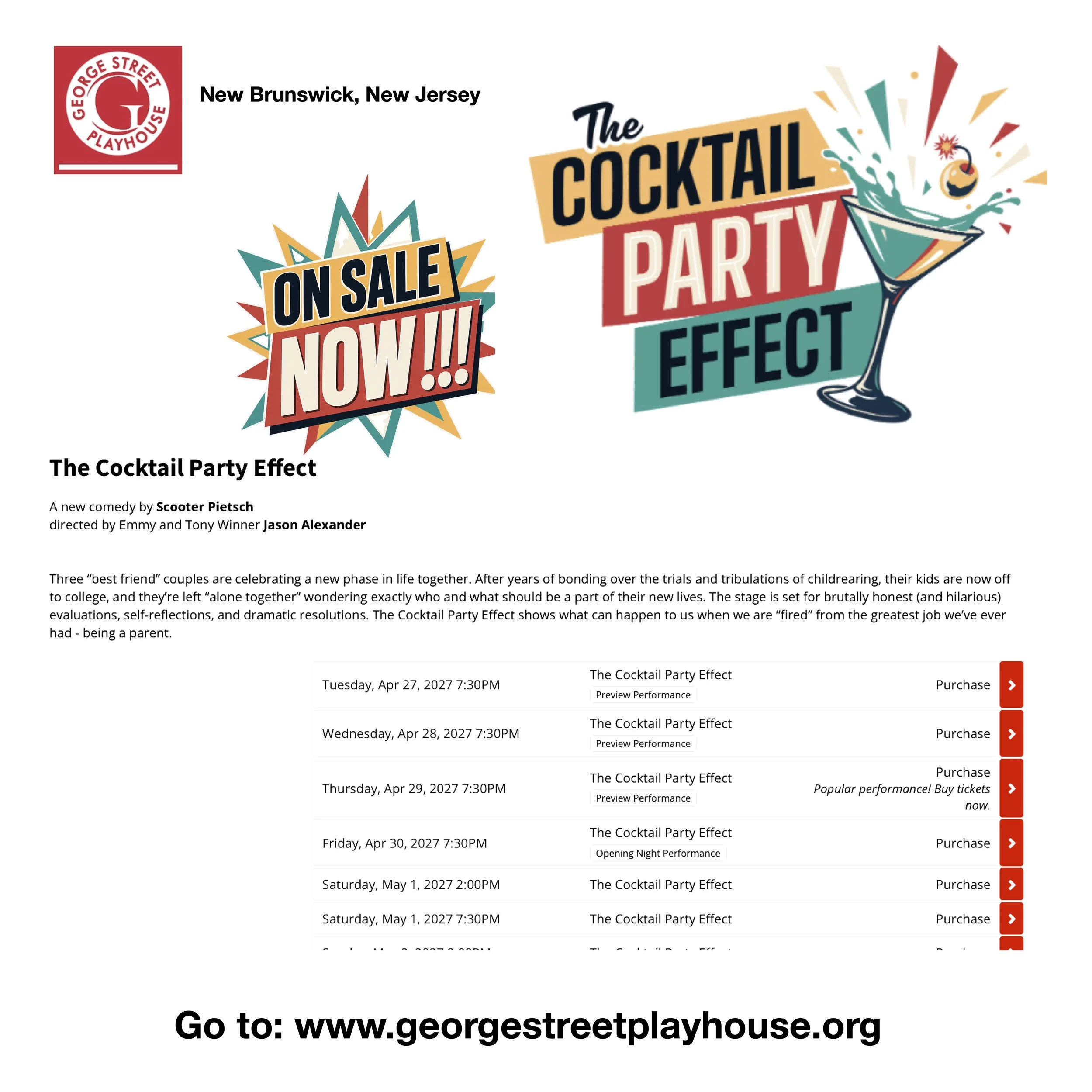TICKETS NOW ON SALE!!! CLICK on the image to go straight to the George Street Playhouse website. Come say hi if you make it to the show!