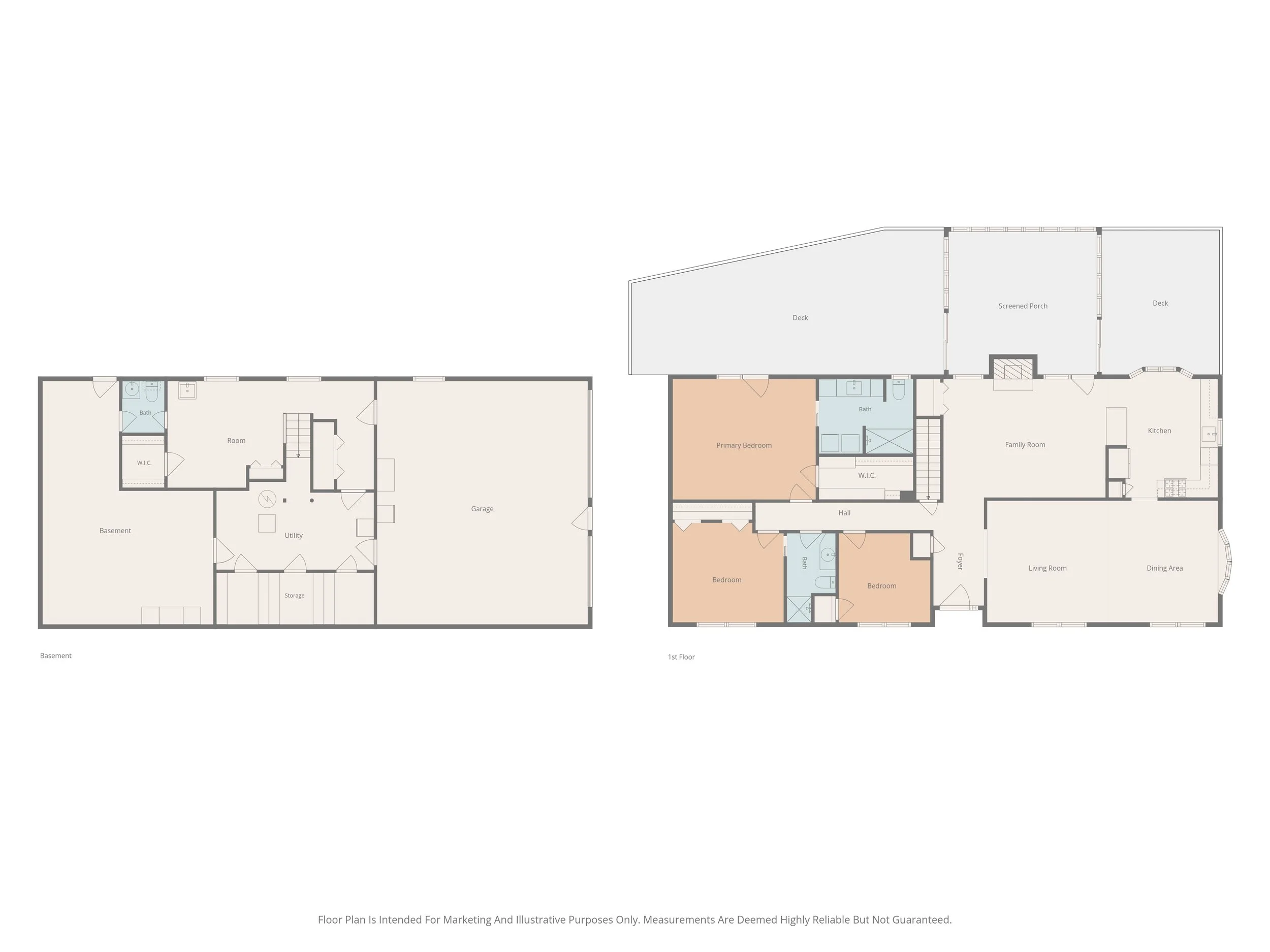 Architectural floor plan of a two-story house, including rooms, bathrooms, kitchen, living room, bedrooms, decks, screened porch, and garage.