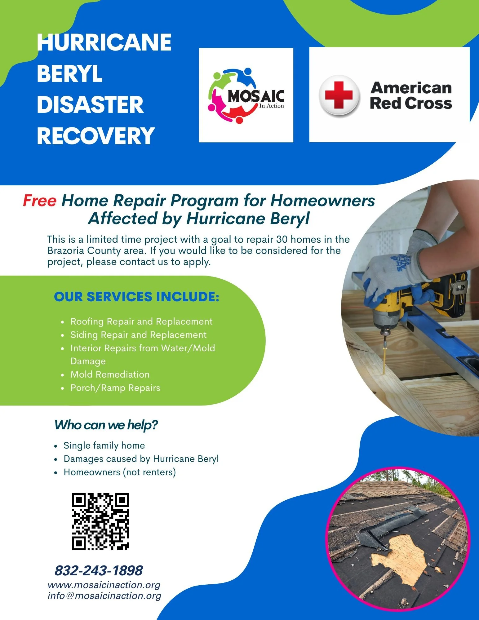 Mosaic in Action receives grant for repair work on homes damaged by Hurricane Beryl