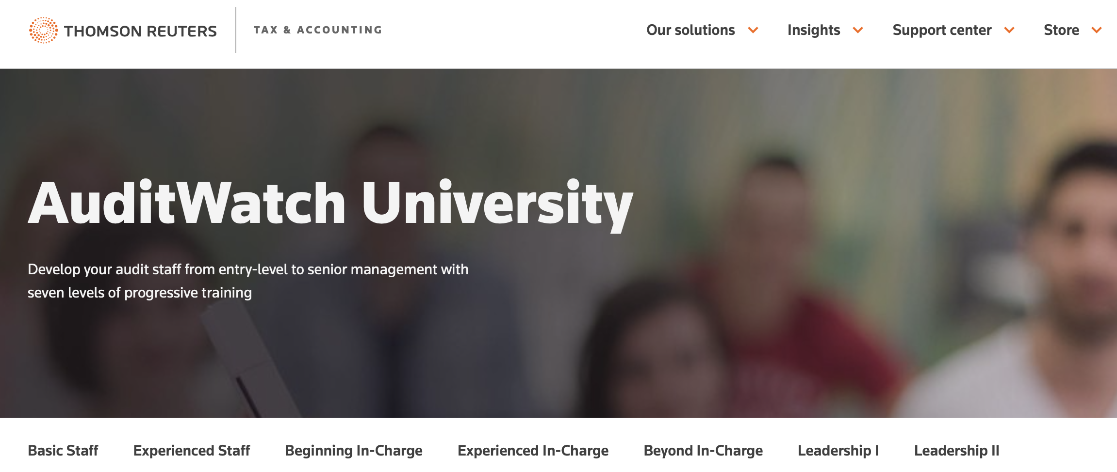 Thomson Reuters website homepage displaying a program called AuditWatch University, with navigation menu including solutions, insights, support center, and store, and a blurred background image of people.